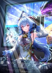  1girl absurdres ahoge bare_shoulders bell black_gloves blue_hair blush bodystocking breasts chinese_knot comiket_108 commentary_request cowbell detached_sleeves dj flower_knot ganyu_(genshin_impact) genshin_impact gloves goat_horns gold_trim hair_between_eyes hand_on_headphones headphones highres holding holding_headphones horns kstrx-tca long_hair looking_at_viewer medium_breasts mixing_console neck_bell nightclub party raver sidelocks smile solo stage turntable violet_eyes vision_(genshin_impact) white_sleeves 