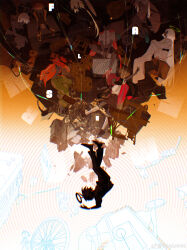  4boys 5girls absurdres asymmetrical_sleeves bai_chong_(false_memory) bicycle black_hair bodysuit boots braid bufu_(false_memory) camera car chinese_commentary commentary_request crocs crop_top debris faceless falling false_memory fang_tang_(false_memory) floppy_disk guan_chao_(false_memory) halo highres hui_huo_(false_memory) jacket jacket_on_shoulders long_hair long_skirt long_sleeves motor_vehicle multiple_boys multiple_girls open_clothes pink_hair pleated_skirt ponytail protagonist_halo qian_jun_(false_memory) ran_deng_(false_memory) red_hair road_sign sandals see-through_clothes see-through_jacket sewing_machine shorts sign silhouette skirt socks spiky_hair stool table television toes traffic_light washing_machine white_hair white_socks yi_(false_memory) yya0ann 