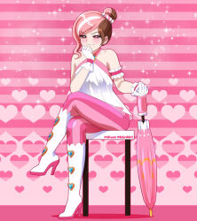  1girl alternate_hair_length_(shorter) bare_shoulders blush boots brown_eyes brown_hair candy_hair_ornament clip_studio_paint_(medium) closed_mouth collarbone commentary crossed_legs earrings english_commentary eyelashes food-themed_hair_ornament full_body gloves hair_bun hair_ornament head_rest heart heart_background heterochromia high_heel_boots high_heels highres holding holding_umbrella jewelry multicolored_hair neopolitan_(rwby) official_alternate_costume official_alternate_hairstyle on_stool pants patreon_username pink_background pink_eyes pink_hair pink_pants rwby schrwby shirt short_hair single_hair_bun sitting smile smug solo split_mouth stool striped_background striped_clothes striped_pants umbrella vertical-striped_clothes vertical-striped_pants very_short_hair white_boots white_gloves white_hair white_shirt 