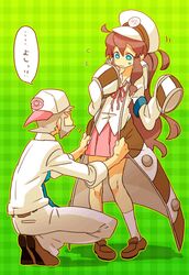  blue_eyes brown_hair coat cosplay dressing grey_hair hat homura-m kudari_(pokemon) kudari_(pokemon)_(cosplay) long_hair nervous pants peaked_cap pokemon pokemon_(game) pokemon_black_and_white pokemon_bw skirt sleeves_past_wrists touko_(pokemon) 