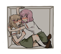  2girls amaori_renako ashigaya_high_school_uniform blush box brown_eyes brown_hair chinese_commentary commentary_request face-to-face hair_ornament haojbleng highres in_box in_container kneeling multiple_girls open_mouth pink_eyes pink_hair school_uniform sena_ajisai short_hair short_sleeves simple_background sitting stuck watashi_ga_koibito_ni_nareru_wake_naijan_murimuri! wavy_mouth white_background x_hair_ornament yuri 