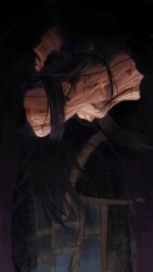  1boy black_hair body_horror commentary ear_piercing evil_smile geto_suguru geto_suguru_(kenjaku) hair_bun highres horror_(theme) jujutsu_kaisen kenjaku kryzpepin long_hair piercing scar scar_on_face smile solo upper_body 