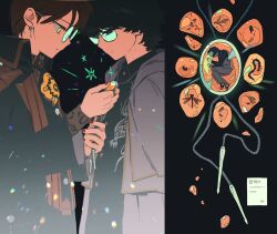  2boys absurdres amber_(gemstone) animification black_coat black_eyes black_shirt bolo_tie brown_hair brown_nails bug centipede closed_mouth coat collared_shirt commentary dragonfly earrings empty_eyes fetal_position gem glasses grey_robe highres hood hood_down hooded_robe jewelry kamen_rider kamen_rider_gavv_(series) kokokoto_re long_sleeves looking_at_another lying male_focus mole mole_on_neck multiple_boys multiple_views nyelv_stomach on_side open_clothes open_coat open_robe ring robe round_eyewear shirt short_hair sparkle suga_kenzo symbolism wing_collar yellow_eyes 