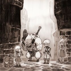 2boys 2girls ahoge animal_ears armored_boots bag belt boots brick_wall chicken_boy commentary_request crossed_ankles crossed_arms dot_nose dress fantasy feathers fingerless_gloves flask fox_ears fox_girl fox_tail full_body furry furry_male gloves half-closed_eyes hand_to_own_mouth highres holding holding_flask hooded_dress jun_(navigavi) leaning_back long_hair looking_at_another looking_down low_twintails monochrome multiple_boys multiple_girls open_mouth original outdoors pants pelvic_curtain sandals shield shield_on_back shirt short_hair short_sleeves sidelocks sketch skirt socks standing surprised sword sword_on_back tail twintails very_long_hair very_short_hair weapon weapon_on_back 