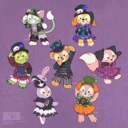  3boys 4girls animal_ears bow commentary_request cookieann cosplay disneyland dog_girl duffy_and_friends duffy_the_disney_bear full_body gelatoni halloween happy_halloween highres linabell long_hair looking_at_viewer multiple_boys multiple_girls olu_mel rabbit_ears shelliemay shirt skirt smile standing stellalou takatmaorange 