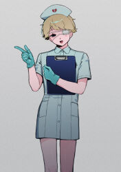  1boy :d aqua_gloves black_eyes broken_heart clipboard collared_dress crossdressing crossdressing_(mtf) disposable_gloves dress esse_series eyepatch gloves griffin_stewart heart highres holding holding_clipboard looking_at_viewer male_focus medical_eyepatch mouenante nurse oshi_no_taisetsuna_hito_ni_narikawaru pantyhose short_sleeves simple_background smile solo white_background white_dress 