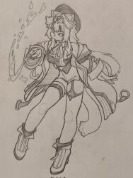  1girl animal_ears artist_glove breasts enigmatic_recollection goggles goggles_on_head graphite_(medium) hatching_(texture) highres holojustice hololive hololive_english large_breasts linear_hatching long_hair looking_at_viewer mechanical_pencil monochrome multicolored_hair panther_ears panther_girl panther_tail pencil photo_(medium) raora_panthera raora_panthera_(1st_costume) self-upload sergent_magnom single_hair_streak solo streaked_hair tail thigh-highs traditional_media vest virtual_youtuber white_unitard white_vest 