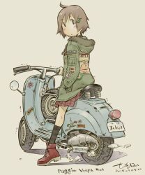  1girl black_socks brown_hair closed_mouth commentary_request dated fur-trimmed_hood fur_trim green_jacket grey_background hand_in_pocket hood hood_down hooded_jacket jacket looking_back momose_riko motor_vehicle on_scooter pleated_skirt red_shoes red_skirt roundel scooter sekihan shoes short_hair signature simple_background skirt socks solo vehicle_name vespa zesshaka!_shiritsu_yotsuwa_joshi_gakuin_zetsumetsu_kigu-sha_gakka 