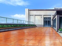  balcony blue_sky building bush chain-link_fence city cityscape clouds cloudy_sky day door fence fuuki_iinchou_seira game_asset no_humans non-web_source official_art outdoors plant railing rooftop scenery school self-datamine sky tile_floor tiles visual_novel_cg window 
