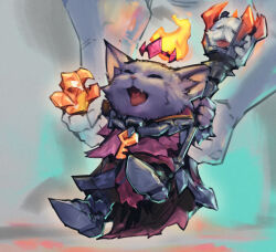  1boy animal_ears cat_boy cat_ears commentary crown fire furry furry_male highres holding holding_staff key league_of_legends meme official_alternate_costume phantom_cross shoes solo_focus staff veigar_(league) yordle 