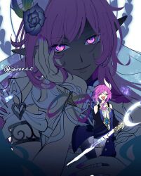 2girls armlet artist_name bare_shoulders black_jacket blue_hair blue_ribbon breasts ceremonial_blade_(honkai:_star_rail) closed_eyes collarbone commentary crescent crescent_sword cyrene_(demiurge)_(honkai:_star_rail) cyrene_(honkai:_star_rail) cyrene_(philia093)_(honkai:_star_rail) detached_sleeves diamond-shaped_pupils diamond_(shape) dress dual_persona earrings face_in_shadow fingernails floating_hair flower full_body giant giantess gold_necklace gradient_hair green_ribbon hair_between_eyes hair_ribbon halo halo_behind_head hand_on_own_face hands_up heart_ornament highres holding holding_sword holding_weapon honkai:_star_rail honkai_(series) jacket jewelry large_breasts long_fingernails long_hair long_sleeves mobius_strip multicolored_hair multicolored_ribbon multiple_girls nail_polish necklace open_clothes open_jacket open_mouth pink_eyes pink_hair planet_earrings pointy_ears purple_flower purple_nails purple_ribbon ribbon sakae_0_0 see-through_clothes see-through_veil short_hair short_sleeves sidelocks simple_background single_earring sleeveless sleeveless_dress standing star_ornament streaked_hair sword symbol-shaped_pupils teeth two-tone_hair upper_body veil very_long_hair wavy_hair weapon white_background white_dress white_hair white_halo white_ribbon white_sleeves white_veil wide_sleeves 