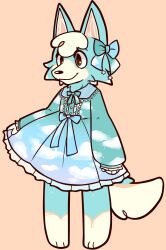  1girl accurate_lolita_coord angelic_pretty animal_crossing animal_ears aqua_bow aqua_dress black_eyes blue_bow bow cloud_print commentary dress english_commentary fashion full_body furry furry_female hair_bow highres lolita_fashion long_sleeves looking_at_viewer orange_background pankekie short_hair simple_background skye_(animal_crossing) smile snout solo standing sweet_lolita tachi-e tail thick_lineart white_hair wolf_ears wolf_girl wolf_tail 