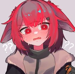  1girl ? ?? arknights black_jacket commentary_request crownslayer_(arknights) extra_ears fangs floppy_ears grey_background grey_shirt hair_ornament hairclip highres hyena_ears hyena_girl iguana152588 jacket looking_at_viewer nervous_sweating open_clothes open_jacket open_mouth red_eyes red_hair shirt short_hair simple_background solo sweat upper_body 