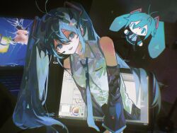  absurdres antenna_hair aqua_eyes aqua_hair aqua_necktie art_program_in_frame broken_glass cat chibi commentary_request computer computer_keyboard dark detached_sleeves double-parted_bangs glass hair_between_eyes hair_ornament hatsune_miku headset highres microsoft_windows monitor necktie rangyou10 shirt sleeveless sleeveless_shirt through_medium through_screen twintails upper_body vocaloid white_shirt 