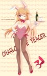  animal_ears bare_shoulders blue_eyes bottle bow bowtie breasts bunny_ears bunnysuit charlotte_e_yeager cleavage collar cup hairband hand_on_hip high_heels highres himeya_no_marimo hips long_hair orange_hair pantyhose shoes solo strike_witches tray wine wine_glass wink wrist_cuffs 