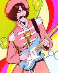  1boy absurdres black_hair closed_eyes coat commentary cowboy_shot electric_guitar english_commentary facial_hair facing_viewer george_harrison guitar hat highres holding holding_guitar holding_instrument instrument jeff_miga male_focus mustache pink_coat pink_hat playing_guitar playing_instrument real_life short_hair solo standing the_beatles 