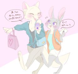  2girls :3 ^_^ alternate_costume animal_ears animal_feet animal_nose arm_up bag barefoot black_shirt blue_jacket blue_shirt blush body_fur breasts buck_teeth cellphone closed_eyes commentary_request cup disposable_cup drink drinking_glass drinking_straw fang fox_ears fox_girl fox_tail furry furry_female grey_fur grey_pants hand_up handbag happy heart highres holding holding_cup holding_drink holding_phone jacket judy_hopps leg_up long_sleeves looking_at_another meme_(penpengusa_no_meme) multiple_girls notice_lines off_shoulder open_clothes open_jacket open_mouth orange_jacket outstretched_arm pants partial_commentary pawpads phone pointing purple_background rabbit_ears rabbit_girl rabbit_tail shirt shopping_bag short_shorts short_tail shorts simple_background single_bare_shoulder sketch skye_(zootopia) sleeveless sleeveless_shirt small_breasts smartphone smile snout speech_bubble standing standing_on_one_leg tail talking teeth tied_jacket two-tone_background two-tone_fur violet_eyes walking white_fur white_shorts zootopia 