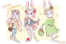  ! 1girl :3 ^_^ animal_ears animal_feet animal_nose arms_at_sides artist_name bag barefoot belt black_choker blue_jacket blue_pants blush boater_hat body_fur border bow breast_pocket breasts brown_hat buck_teeth cherry_earrings cherry_print choker closed_eyes closed_mouth clothes_writing commentary_request crop_top cup denim disposable_cup dress drink drinking drinking_glass drinking_straw earrings ears_down elbow_carry english_text facing_viewer fishnet_top fishnets food-themed_earrings food_print fruit_print furry furry_female green_dress grey_fur hair_bow hand_up handbag hands_up happy hat heart heart-shaped_eyewear high_heels highres holding holding_bag holding_cup holding_drink jacket jeans jewelry judy_hopps leg_up long_dress long_sleeves looking_at_viewer meme_(penpengusa_no_meme) midriff multiple_earrings multiple_views musical_note off-shoulder_dress off_shoulder open_clothes open_jacket open_mouth orange-tinted_eyewear orange_print orange_shirt outside_border pants partial_commentary pink_bow pocket print_dress print_shirt rabbit_ears rabbit_girl rabbit_tail red_choker red_ribbon ribbon shirt shoes shopping_bag short_dress short_tail signature simple_background sketch small_breasts smile speech_bubble split_mouth spoken_exclamation_mark standing standing_on_one_leg stud_earrings tail teeth tinted_eyewear two-tone_fur undershirt violet_eyes white_border white_dress white_fur white_shoes wide-eyed wide_sleeves wrist_ribbon yellow_background zootopia 