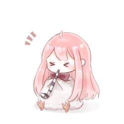  >_< 1girl animalization baby_animal bird blowing_horn bow bowtie chibi chinese_commentary commentary_request holding human_head interruption_(echo-023) long_hair nikki_(nikki) nikki_(series) notice_lines party_horn penguin penguin_chick pink_hair red_bow red_bowtie shadow shining_nikki simple_background solo traditional_bowtie very_long_hair white_background 
