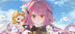  1girl absurdres ahoge animal black_ribbon blue_sky bow bowtie brown_eyes bubble bzzzzzr camera cat chinese_commentary choker cloak closed_mouth clothed_animal clouds commentary_request daisy_(flower) ear_covers eyelashes eyes_visible_through_hair floating_hair flower frilled_shirt frills hair_flower hair_ornament hair_ribbon happy highres holding holding_camera hood hood_up hooded_cloak infinity_nikki long_hair looking_at_viewer low_twintails momo_(nikki) nikki_(nikki) nikki_(series) off-shoulder_shirt off_shoulder open_mouth perfect_start_(infinity_nikki) petals pink_choker pink_flower pink_hair pink_rose rainbow red_bow red_bowtie ribbon rose shirt sky smile straight-on traditional_bowtie tress_ribbon twintails upper_body very_long_hair whiskers white_cat white_flower white_shirt x_navel yellow_cloak 