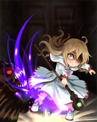  1girl adapted_costume ahoge between_eyes blonde_hair boots bow bowtie cellphone commentary english_commentary full_body highres hitting holding holding_staff iv_(gwps8853) long_sleeves mage_staff make_heroine_ga_oo_sugiru! monster phone pink_bow pink_bowtie purple_bow purple_bowtie sanpaku shikiya_yumeko smartphone solo staff white_boots yellow_eyes 