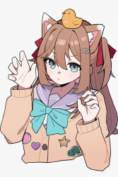  1girl :< animal_ears aqua_bow aqua_bowtie badge blue_eyes blue_sailor_collar bow bowtie brown_hair button_badge cardigan cat_ears cat_girl claw_pose closed_mouth commentary cropped_torso from_side hair_between_eyes hair_ornament hair_ribbon heart heart_hair_ornament highres light_blush long_hair long_sleeves minamit neuro-sama neuro-sama_(1st_costume) red_ribbon ribbon rubber_duck sailor_collar simple_background solo two_side_up upper_body vedal_ai virtual_youtuber white_background yellow_cardigan 