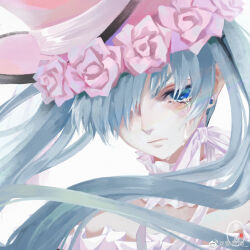  1boy 2226480274 absurdres aristocratic_clothes blue_eyes blue_hair chinese_commentary ciel_phantomhive ciel_phantomhive_(robin_dress) closed_mouth collar commentary_request crossdressing crossdressing_(mtf) crying earrings flower frilled_collar frills hair_over_one_eye hat hat_flower highres jewelry kuroshitsuji male_focus pink_hat portrait ribbon solo stud_earrings tears trap twintails watermark weibo_watermark white_background 