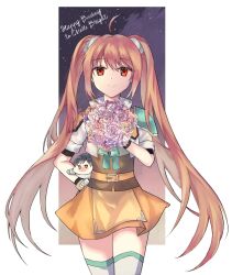 1girl antenna_hair armor birthday brown_hair commentary_request cropped_jacket double-parted_bangs eiyuu_densetsu estelle_bright flower hair_intakes happy_birthday highres holding holding_flower korean_commentary long_hair orange_skirt pauldrons red_eyes shoulder_armor simple_background single_pauldron skirt smile solo sora_no_kiseki_sc thigh-highs twintails 