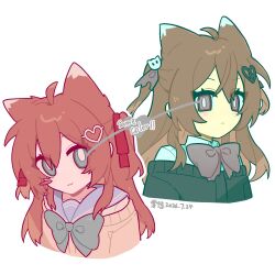  2girls ahoge animal_ears black_cardigan blue_eyes blue_sailor_collar bow bowtie broken_heart broken_heart_hair_ornament brown_hair cardigan cat_ears cat_girl collared_shirt commentary_request cropped_torso dress_shirt english_text evil_neuro-sama evil_neuro-sama_(1st_costume) from_side green_bow green_bowtie hair_between_eyes hair_ornament heart heart_hair_ornament highres lingyou long_hair looking_at_viewer multiple_girls neuro-sama neuro-sama_(1st_costume) off-shoulder_cardigan optical_illusion red_bow red_bowtie red_eyes red_ribbon ribbon sailor_collar shirt siblings sisters skull_hair_ornament timestamp torn_hair_ribbon twins two_side_up vedal_ai white_shirt yellow_cardigan 