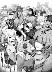  6+girls absurdres alice_margatroid animal_ears bat_wings bow cake closed_eyes commentary_request crystal_wings drill_hair drill_sidelocks flandre_scarlet flower flower_on_head food hair_bow hair_rings hairband hakurei_reimu hat highres himekaidou_hatate himemushi_momoyo horns iizunamaru_megumu inubashiri_momiji iwanaga_ariya japanese_clothes jiangshi kaku_seiga kariginu kirisame_marisa kochiya_sanae komano_aunn konpaku_youmu kudamaki_tsukasa looking_at_viewer looking_back matara_okina miyako_yoshika mob_cap mononobe_no_futo moriya_suwako multiple_girls nippaku_zanmu ofuda onbashira oversized_food oversized_object patchouli_knowledge pointy_hair pom_pom_(clothes) ponytail remilia_scarlet ribbon-trimmed_sleeves ribbon_trim rope saigyouji_yuyuko sailor_collar shameimaru_aya shimenawa short_hair sidelocks simple_background single_horn soga_no_tojiko takana_(forsterite) tate_eboshi tenkyuu_chimata tokin_hat touhou toyosatomimi_no_miko wings witch_hat wolf_ears yasaka_kanako yomotsu_hisami yorigami_shion yuiman_asama 