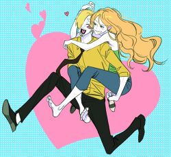  0_dy_o 1boy 1girl ^_^ blonde_hair blush carrying closed_eyes commentary_request curly_eyebrows full_body hair_over_one_eye heart highres korean_commentary long_hair looking_at_another nami_(one_piece) one_piece open_mouth orange_eyes piggyback sanji_(one_piece) shirt smile yellow_shirt 