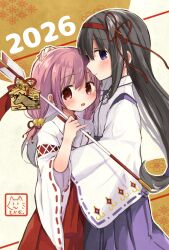 2girls :o akemi_homura arrow_(projectile) bell black_hair blush chinese_zodiac commentary_request ema gold_background hair_bell hair_ornament hair_ribbon hairband hakama hakama_skirt hamaya headpat highres japanese_clothes jingle_bell kaname_madoka kimono light_smile long_sleeves looking_at_viewer mahou_shoujo_madoka_magica mahou_shoujo_madoka_magica_plus miko multiple_girls new_year pink_eyes pink_hair purple_eyes purple_hakama red_hairband red_hakama ribbon skirt white_background white_kimono white_sleeves year_of_the_horse yuukarirakkumasuki