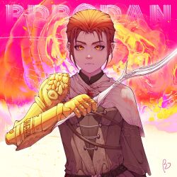  1girl 2025 amputee artist_name blood blood_stain closed_mouth commentary elden_ring fromsoftware holding holding_sword holding_weapon millicent_(elden_ring) portrait red_hair robe signature sword weapon y1422807535 yellow_eyes 