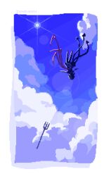  1girl artist_name asymmetrical_wings black_dress black_hair black_pantyhose blue_sky blue_wings clouds commentary day dress english_commentary falling highres houjuu_nue lens_flare pantyhose pixel_art polearm red_wings short_hair sky solo sun touhou trident weapon wings zahranworrell 