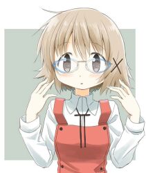  1girl bad_id bad_pixiv_id bespectacled black_eyes blue-framed_eyewear blush bow bowtie brown_hair glasses hair_ornament hidamari_sketch looking_at_viewer open_mouth percy_pyl shirt short_hair skirt solo suspender_skirt suspenders upper_body white_shirt x_hair_ornament yuno_(hidamari_sketch) 