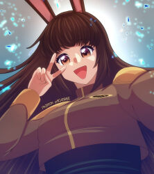  1girl :d animal_ears breasts brown_eyes brown_hair brown_jacket commentary english_commentary eyelashes jacket long_hair long_sleeves open_mouth patreon_username rabbit_ears rabbit_girl rwby schrwby selfie smile solo v v_over_eye velvet_scarlatina 