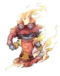  1boy armlet blue_eyes brown_hair coat colored_skin digimon digimon_(creature) fire flawizarmon gloves goggles goggles_on_headwear grey_skin hand_on_headwear hat jewelry oh_sorry_01 open_mouth red_coat red_gloves red_hat short_hair simple_background sleeveless sleeveless_coat solo stitched_mouth stitches upper_body white_background wizard 