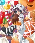  arufa black_gloves cake candy doughnut food fruit gloves green_eyes hat merry_nightmare open_mouth pointy_ears purple_hair ribbon short_hair solo strawberry striped striped_legwear striped_thighhighs thighhighs yumekui_merry 