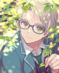  1boy black_vest blazer blue-framed_eyewear blue_jacket branch closed_mouth collared_shirt commentary_request dappled_sunlight day ensemble_stars! fingernails from_above gin_(oyoyo) glasses green_eyes green_necktie grey_hair hand_up highres holding jacket lapels leaf light_smile looking_at_viewer loose_necktie male_focus necktie open_collar outdoors school_uniform shirt short_hair solo sunlight upper_body vest white_shirt yuuki_makoto_(ensemble_stars!) 