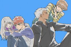  2boys 2girls archer_(casual_wear)_(fate) archer_(fate) black_shirt blush brown_hair casual dark_skin emiya_shirou fate/hollow_ataraxia fate_(series) fujimura_taiga gamjajeon11 hair_slicked_back illyasviel_von_einzbern messy_hair multiple_boys multiple_girls red_hair shirt spiky_hair t-shirt white_hair 