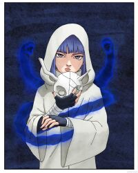  1girl alt_text artbyolvr artist_name black_gloves blue_background blue_hair blue_nails boruto:_two_blue_vortex boruto_(series) commentary english_commentary fingerless_gloves ghost gloves highres holding holding_mask hooded_robe kakei_sumire mask naruto_(series) parted_lips red_lips robe solo upper_body violet_eyes white_robe wide_sleeves 