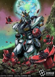  ball battle_damage card_(medium) char's_counterattack commentary_request debris earth_(planet) floating gundam gundam_card_game holding holding_ball kneeling mecha mecha_focus moyashi_koubou official_art planet psycho_frame robot rx-78-2_gundam star_(sky) v-fin 