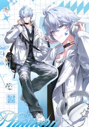  1boy absurdres bag black_choker black_shirt blue_eyes character_name choker closed_mouth commentary ddolddo88 dice grey_hair grey_pants headphones headphones_around_neck highres honkai:_star_rail honkai_(series) jacket jewelry long_sleeves male_focus multiple_views neck_tattoo necklace pants phainon_(honkai:_star_rail) qr_code shirt short_hair shoulder_bag smile solo tattoo torn_clothes torn_pants untranslatable_commentary white_jacket 