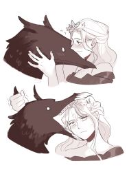  1boy 1girl annoyed babyul24 beak bird_boy biting biting_head blush commentary_request eye_contact furry furry_with_non-furry greyscale hands_on_another's_face head_wings highres interspecies korean_commentary looking_at_another monochrome princess_(slay_the_princess) saliva simple_background slay_the_princess smile teeth the_hero_(slay_the_princess) tiara upper_body wings 