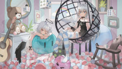  2girls absurdres black_dress black_halo black_ribbon blue_eyes choker commentary_request demon_horns dice dress flower guitar halo highres horns instrument kele_mimi loli multiple_girls painting_(object) rainbow ribbon slime_(creature) socks striped_clothes striped_socks stuffed_animal stuffed_toy teddy_bear white_dress white_hair yellow_eyes 