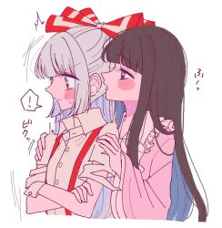  ! 2girls blowing_in_ear blue_hair bow bowtie brown_eyes brown_hair collared_shirt colored_inner_hair commentary_request crossed_arms frilled_shirt_collar frilled_sleeves frills fujiwara_no_mokou grey_hair hair_bow hands_on_another's_shoulders houraisan_kaguya long_hair long_sleeves multicolored_hair multiple_girls pink_shirt red_eyes shirt simple_background spoken_exclamation_mark suspenders tamiko_(tamik0224) torn_clothes torn_sleeves touhou translation_request upper_body white_background white_bow white_bowtie white_shirt wide_sleeves yuri 