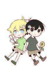  2boys absurdres aged_down alternate_costume antenna_hair basil_(faraway)_(omori) basil_(omori) black_eyes black_hair black_shirt black_shoes blonde_hair blue_eyes blush bright_pupils brown_shoes brown_shorts chibi chibi_only collared_shirt commentary_request double-parted_bangs flower green_shirt green_shoes hair_between_eyes hair_flower hair_ornament highres holding holding_flower looking_at_viewer male_focus manimani_(mani_ma) multiple_boys omori open_mouth parted_lips shirt shoes short_hair short_sleeves shorts sidelocks simple_background smile socks sunflower sunny_(omori) t-shirt teeth tulip upper_teeth_only white_background white_flower white_pupils white_socks white_tulip 
