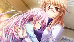  2girls blue_shirt brown_hair closed_eyes closed_mouth crying dutch_angle evening from_below game_asset glasses hand_on_another's_back highres hisanaga_kuon hospital_gown hug jacket konakana_2:_konata_yori_kanata_made_ii light_smile long_hair long_sleeves looking_at_another minase_(dragon_panda) multiple_girls non-web_source open_mouth pink_hair poster_(object) purple_shirt red_eyes self-datamine shirt standing teardrop tears turtleneck white_jacket window window_blinds 