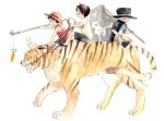  3boys brothers chikama chikama_(minka) child family freckles goggles hat jolly_roger male monkey_d_luffy multiple_boys one_piece pirate_flag portgas_d_ace riding sabo_(one_piece) siblings straw_hat tiger top_hat young 