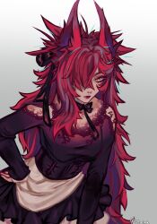  1girl absurdres alternate_costume animal_ears apron artist_name black_bow black_bowtie black_shirt bow bowtie breasts cowboy_shot gradient_background grey_background grey_hair hair_bow hair_over_one_eye highres large_breasts league_of_legends long_hair miela_(mielaink) multicolored_hair red_hair shirt waist_apron white_apron xayah_(league) 
